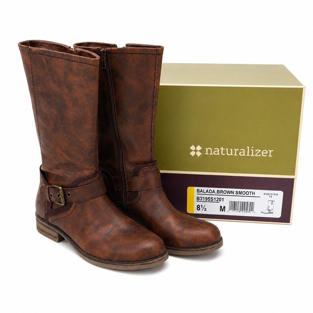 Naturalizer Balada Boots Womens 8.5 Brown Smooth Tall Riding Buckle Moto Dark A
